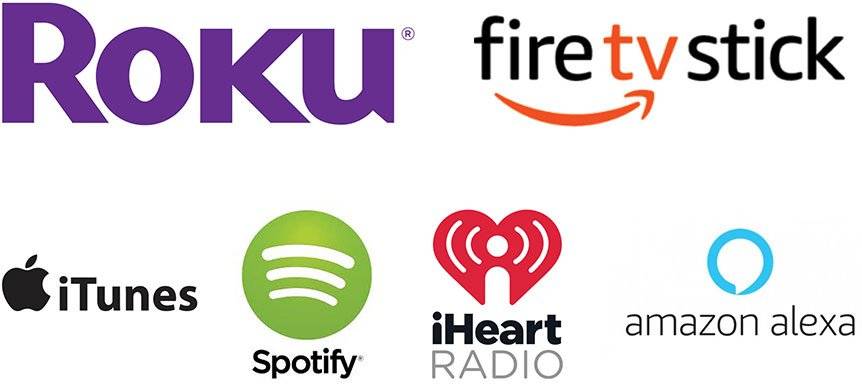 Roku, amazon fire tv, itunes, spotify, iheart radio, and amazon music logos