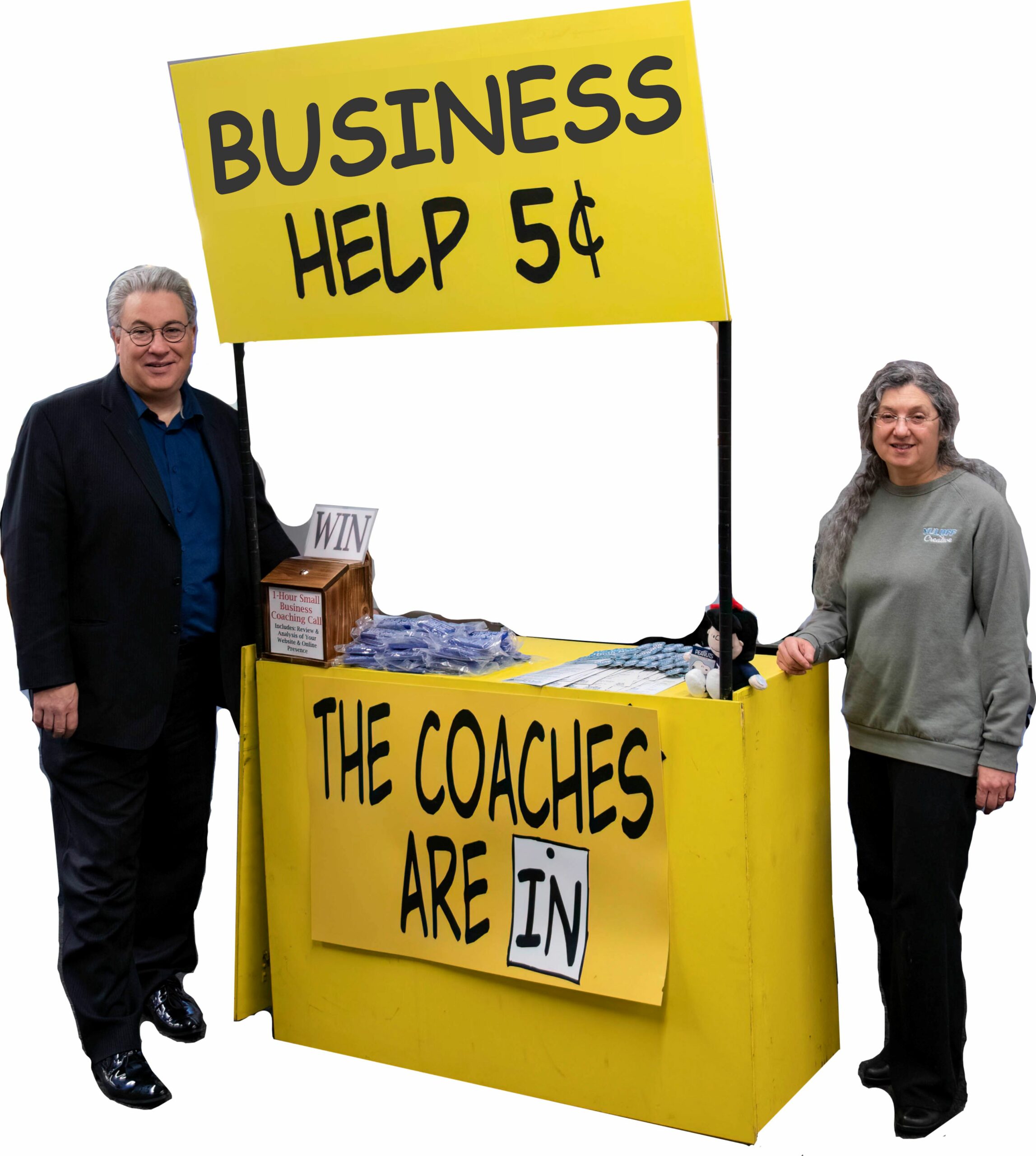 An image of the Yuloff's standing with a classic style vendor stand offering business help for $5