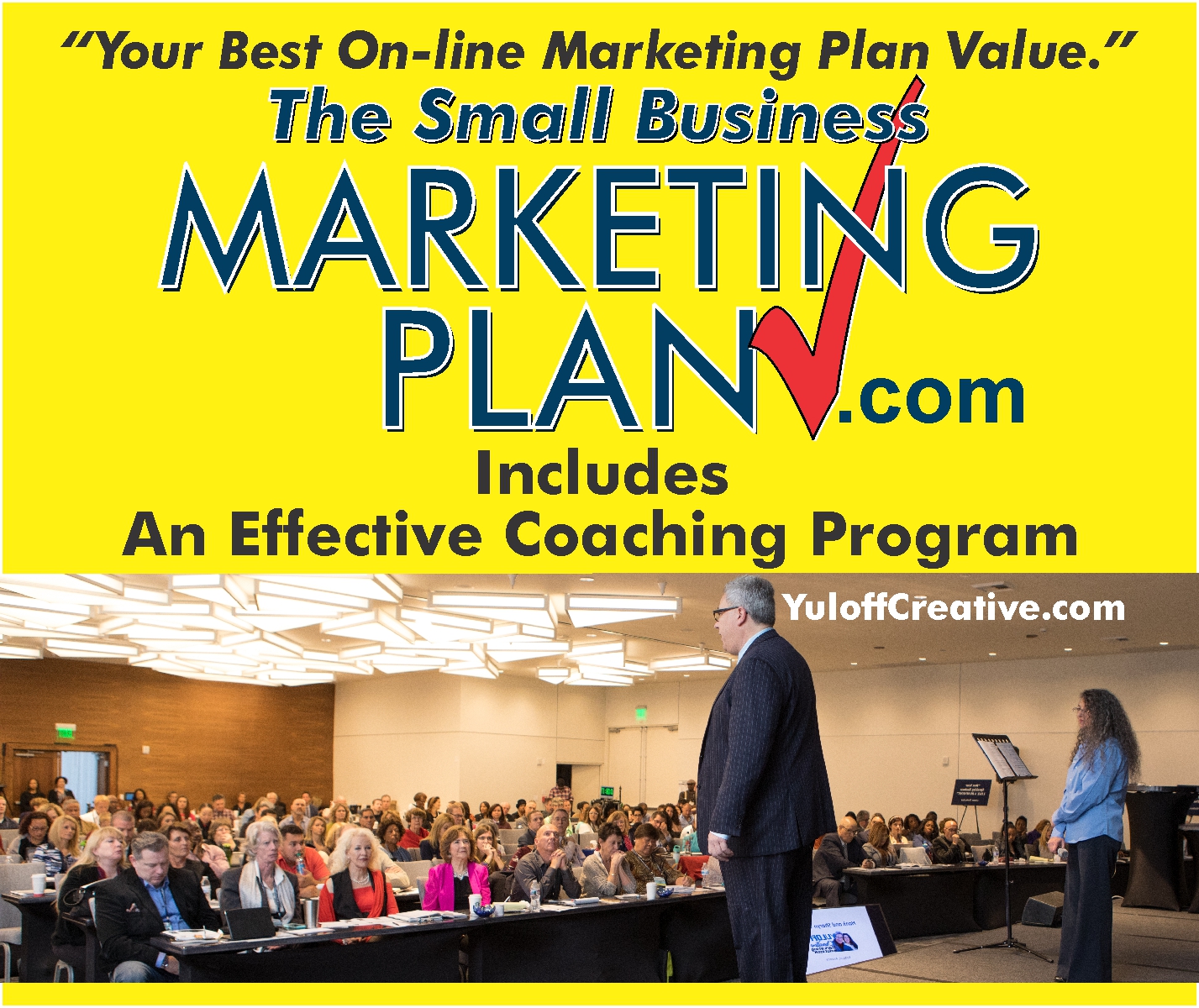 A yellow cover image of thesmallbusinessmarketingplan.com with the Yuloff's doing a presentation in front of an audience