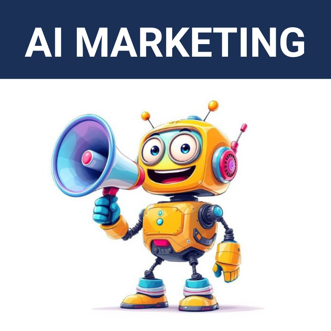 AI robot with a megaphone marketing promoting AI marketing