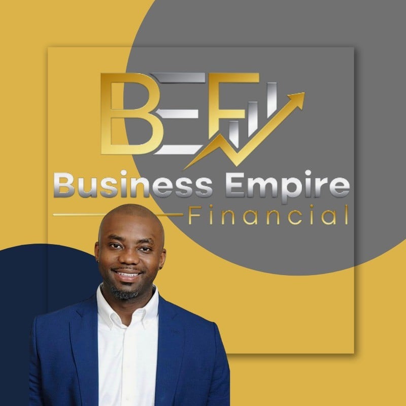 Joe McCants LinkedIn photo Headshot of Joe McCants wearing a blue suit jacket and white shirt with a gold and gray background that says Business Empire Financial